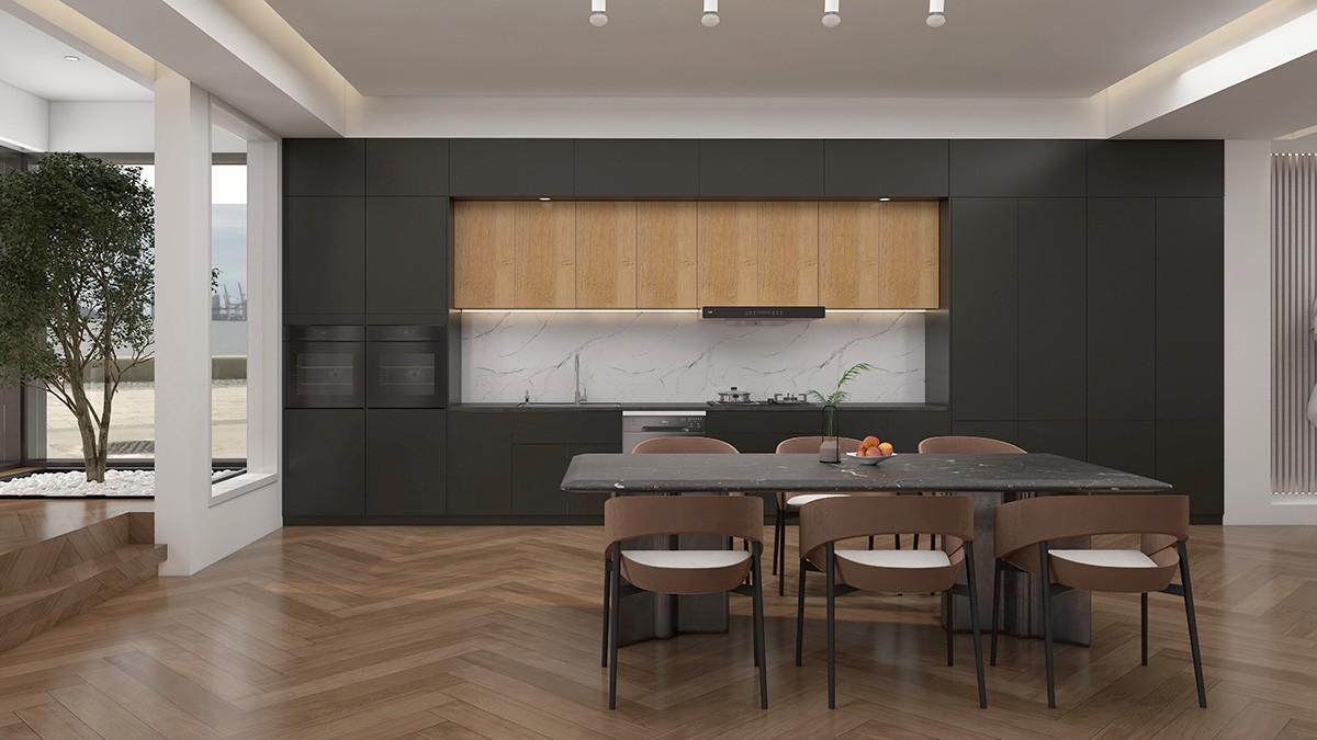 Textured black kitchen cabinet