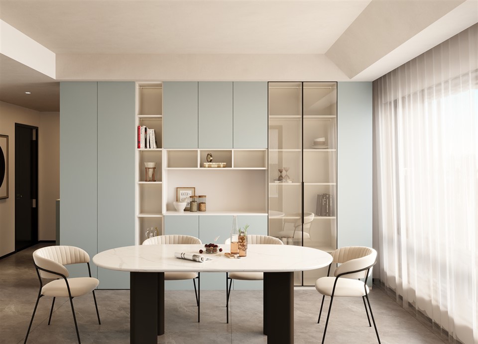 Blue Built In Dining Room Cabinets