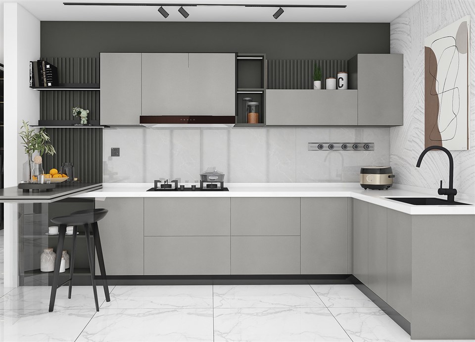 Grey PET Kitchen Cabinets